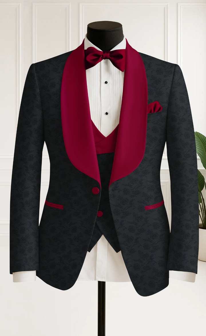 Midnight Crimson Tuxedo – Limited Edition Black Jacquard with Maroon Lapels | Prestige Collection”
