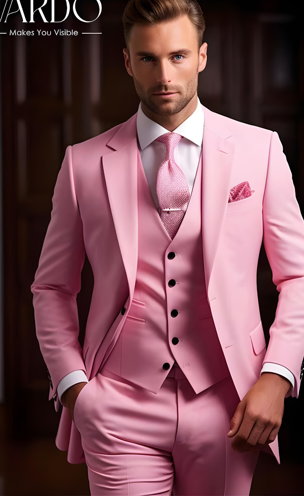 Pink Three-Piece Suit for Men | Elegant Wedding Attire | Formal Blazer and Pants Set-Tailored Fit-The Rising Sun store, Vardo