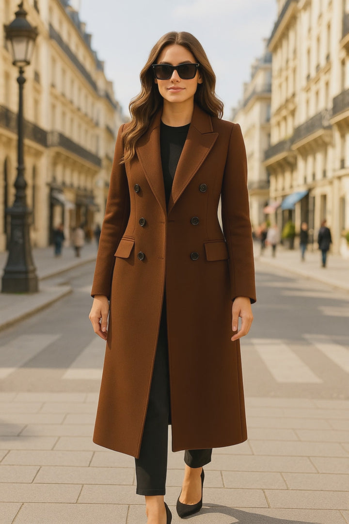 Dark Brown Wool Women’s Double-Breasted Trench Coat – Classic Winter Elegance