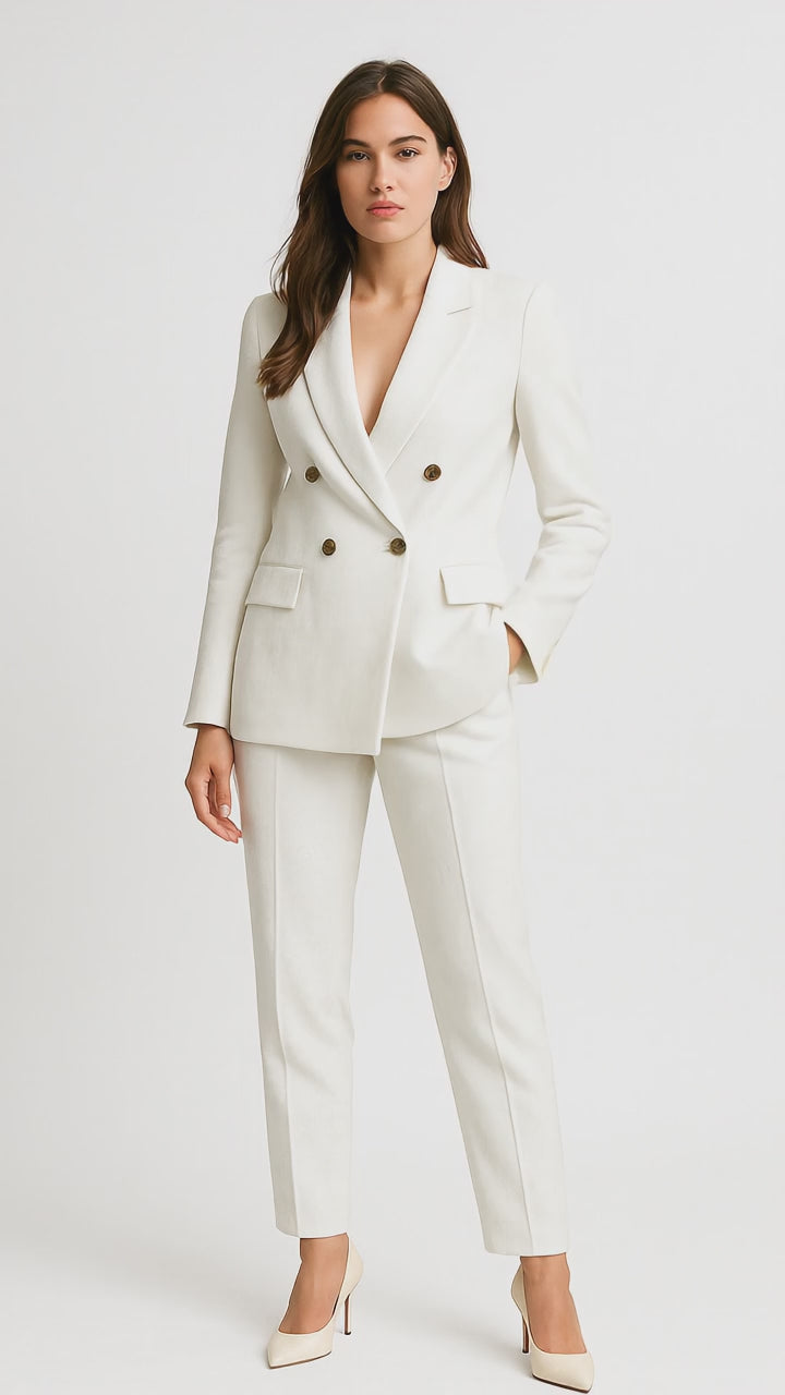 White Linen Double-Breasted Suit for Women – Bold & Breathable Elegance