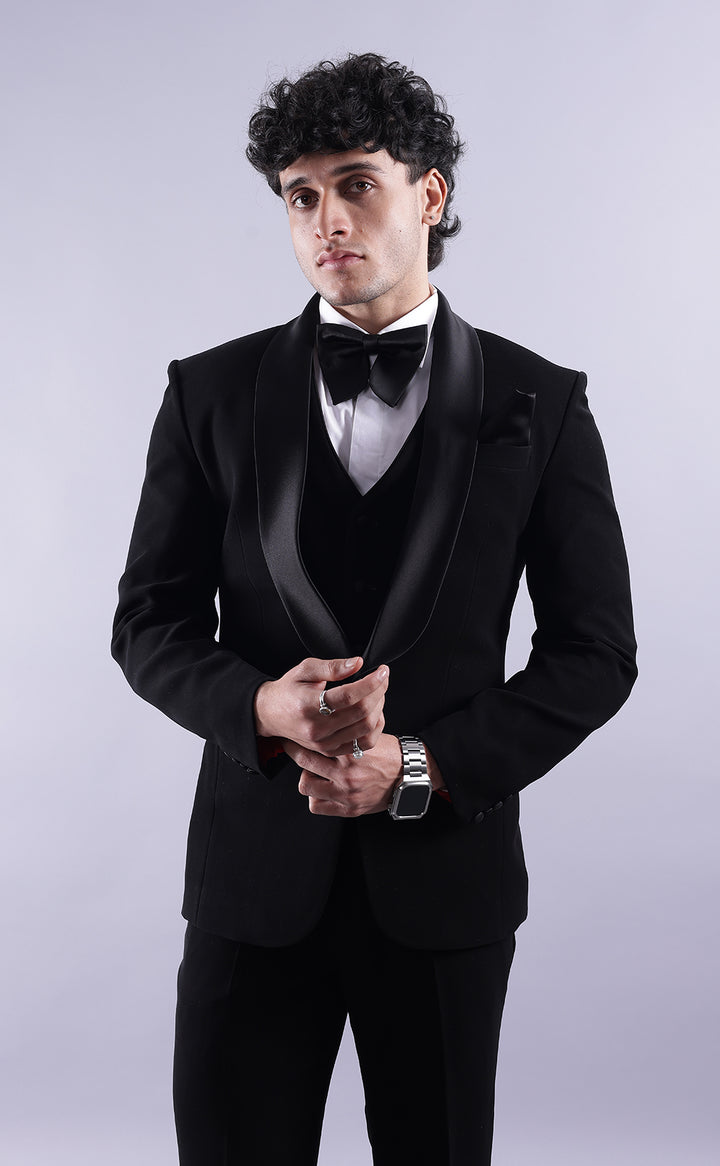 Men’s Black Three-Piece Tuxedo Suit - Premium Terry Rayon Wedding & Formal Wear