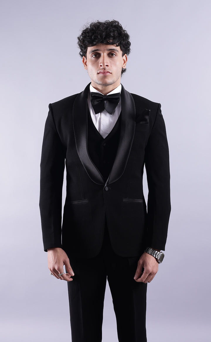 Men’s Black Three-Piece Tuxedo Suit - Premium Terry Rayon Wedding & Formal Wear