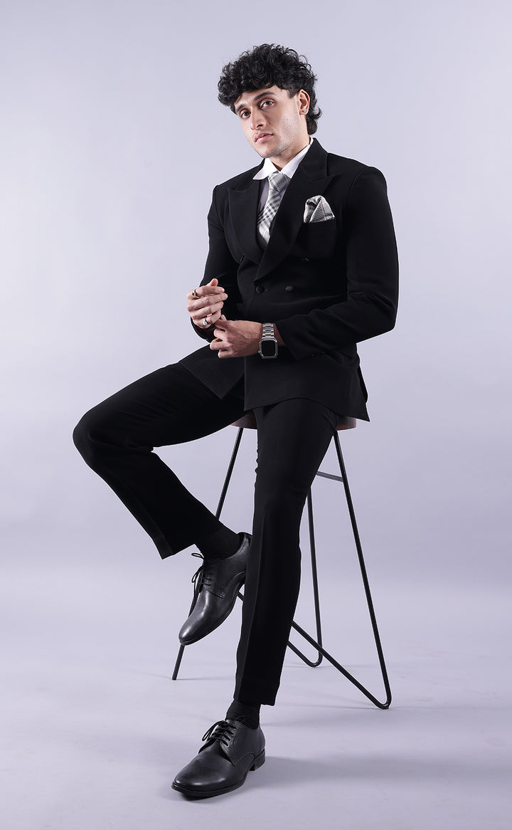 Men’s Black Double-Breasted Suit - Premium Terry Rayon Formal Wedding & Business Wear