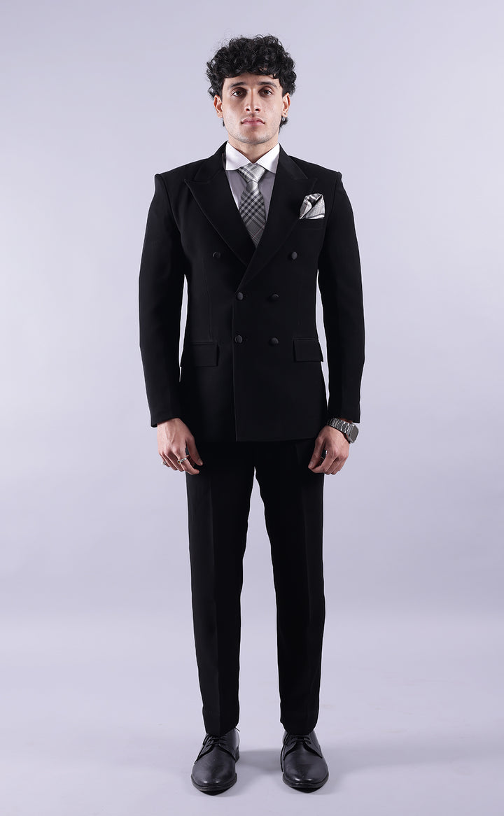 Men’s Black Double-Breasted Suit - Premium Terry Rayon Formal Wedding & Business Wear