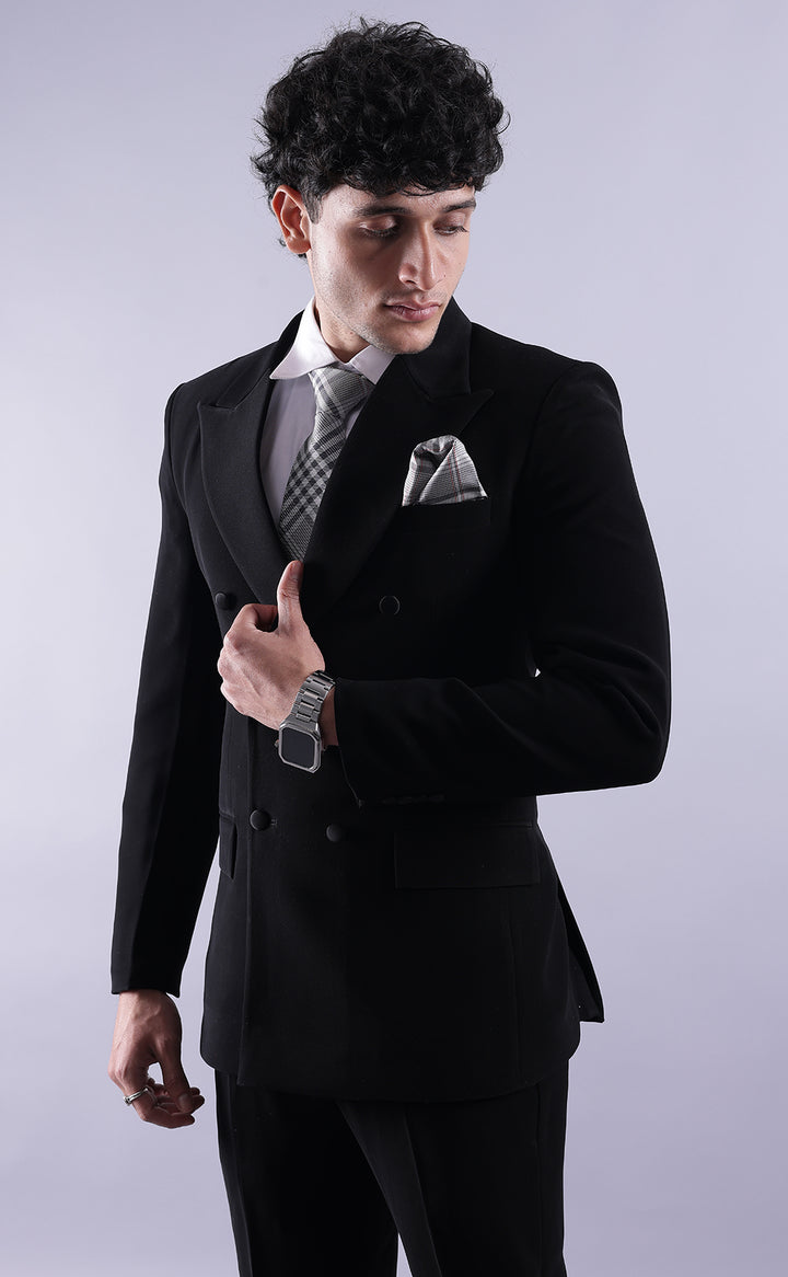 Men’s Black Double-Breasted Suit - Premium Terry Rayon Formal Wedding & Business Wear