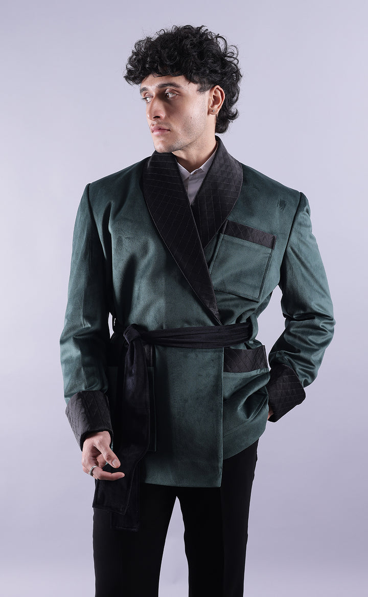 Men’s Green Velvet Smoking Jacket - Luxury Formal Attire, Elegant Party Wear