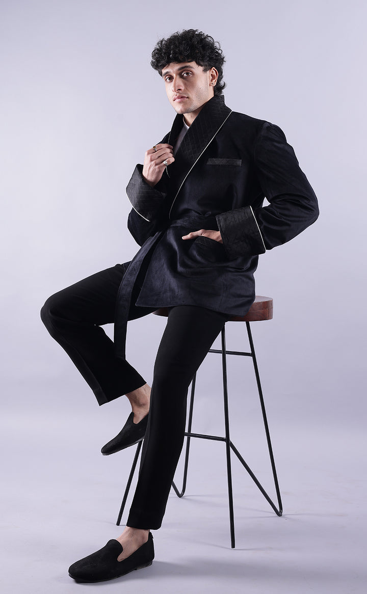 Men’s Black Velvet Smoking Jacket - Luxury Formal Wear, Elegant Dinner Jacket