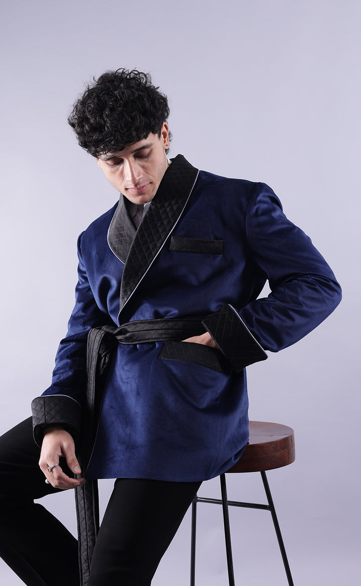 Men’s Navy Blue Velvet Smoking Jacket - Luxury Formal Wear, Elegant Dinner Blazer