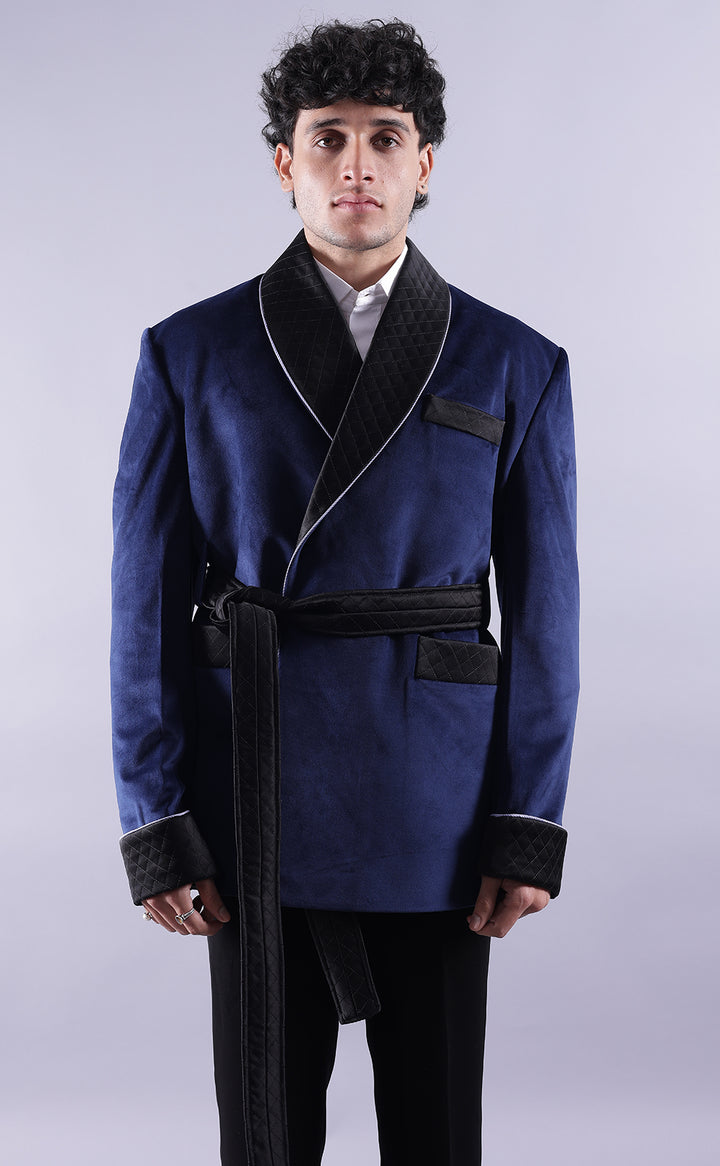 Men’s Navy Blue Velvet Smoking Jacket - Luxury Formal Wear, Elegant Dinner Blazer