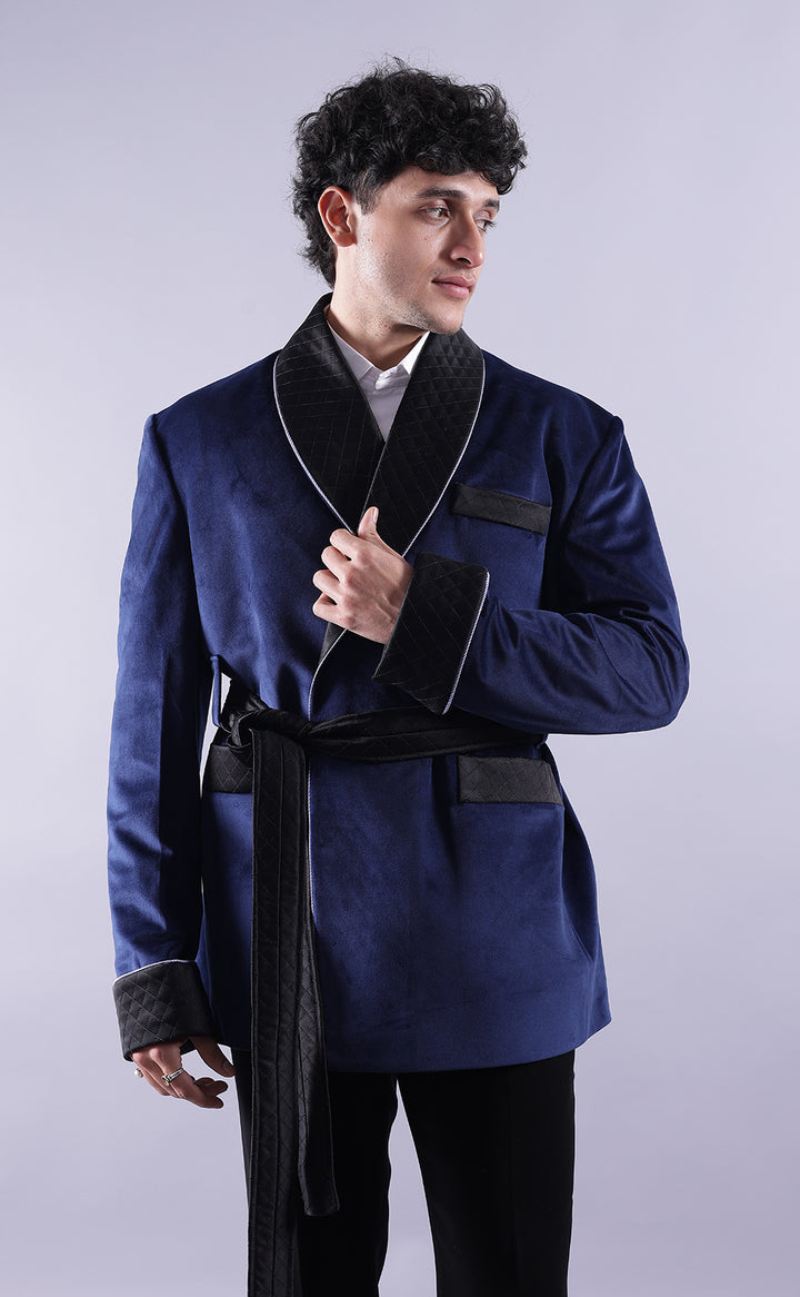 Men’s Navy Blue Velvet Smoking Jacket - Luxury Formal Wear, Elegant Dinner Blazer