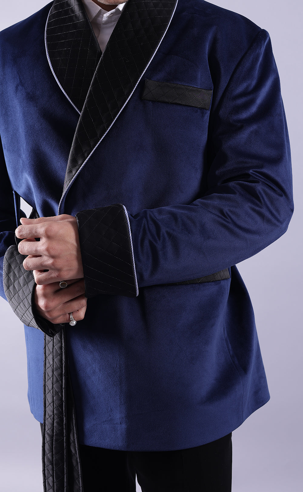 Men’s Navy Blue Velvet Smoking Jacket - Luxury Formal Wear, Elegant Dinner Blazer