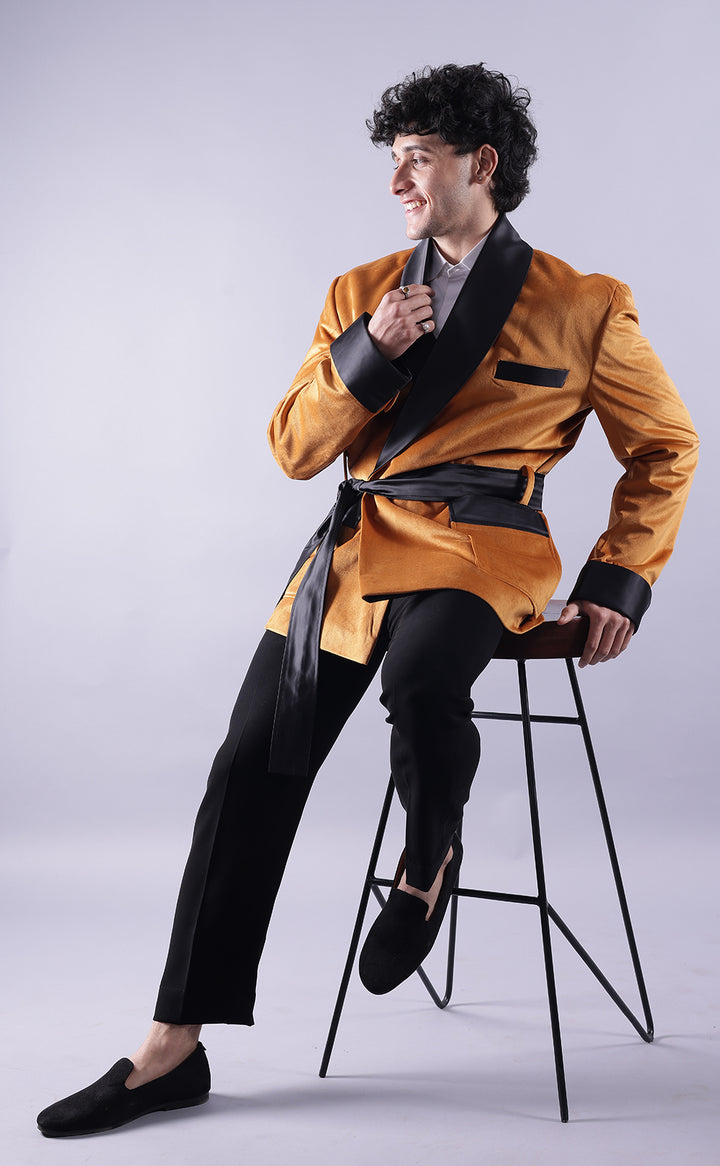 Luxurious Men's Golden Velvet Smoking Jacket - Elegant Party Wear, Premium Velvet Dinner Jacket