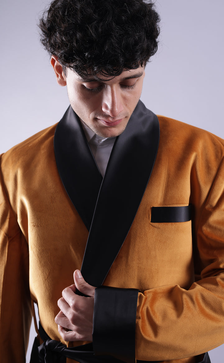 Luxurious Men's Golden Velvet Smoking Jacket - Elegant Party Wear, Premium Velvet Dinner Jacket