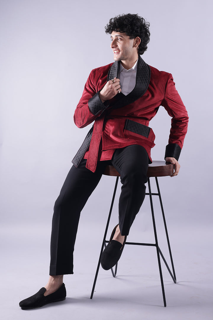 Men’s Red Velvet Smoking Jacket - Luxury Formal Attire, Elegant Dinner Blazer