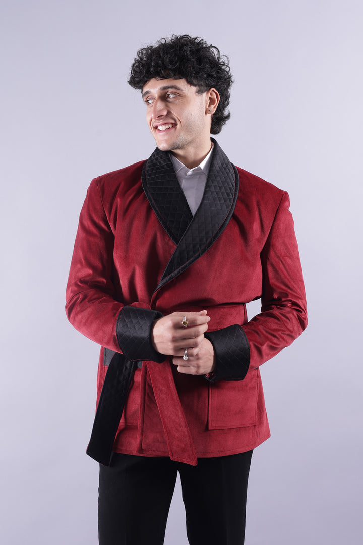 Men’s Red Velvet Smoking Jacket - Luxury Formal Attire, Elegant Dinner Blazer