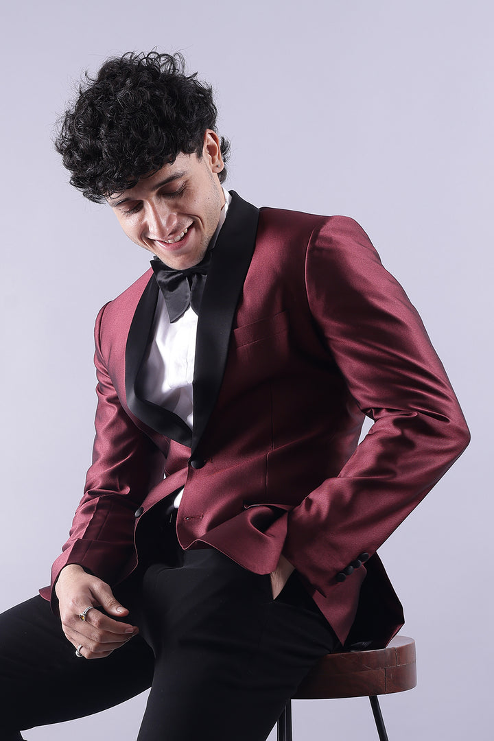 Men's Burgundy Tuxedo Jacket with Black Pant - Premium Terry Rayon Fabric, Elegant Formal Wear