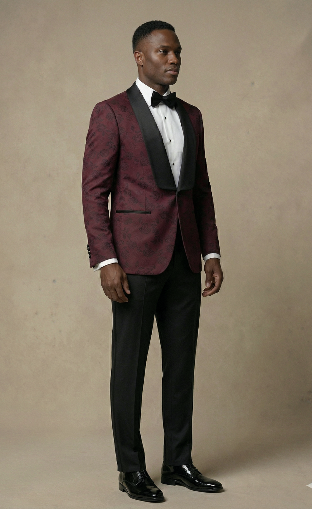 Burgundy Floral Tuxedo Suit Set with Black Shawl Lapel