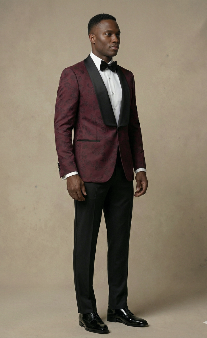 Burgundy Floral Tuxedo Suit Set with Black Shawl Lapel