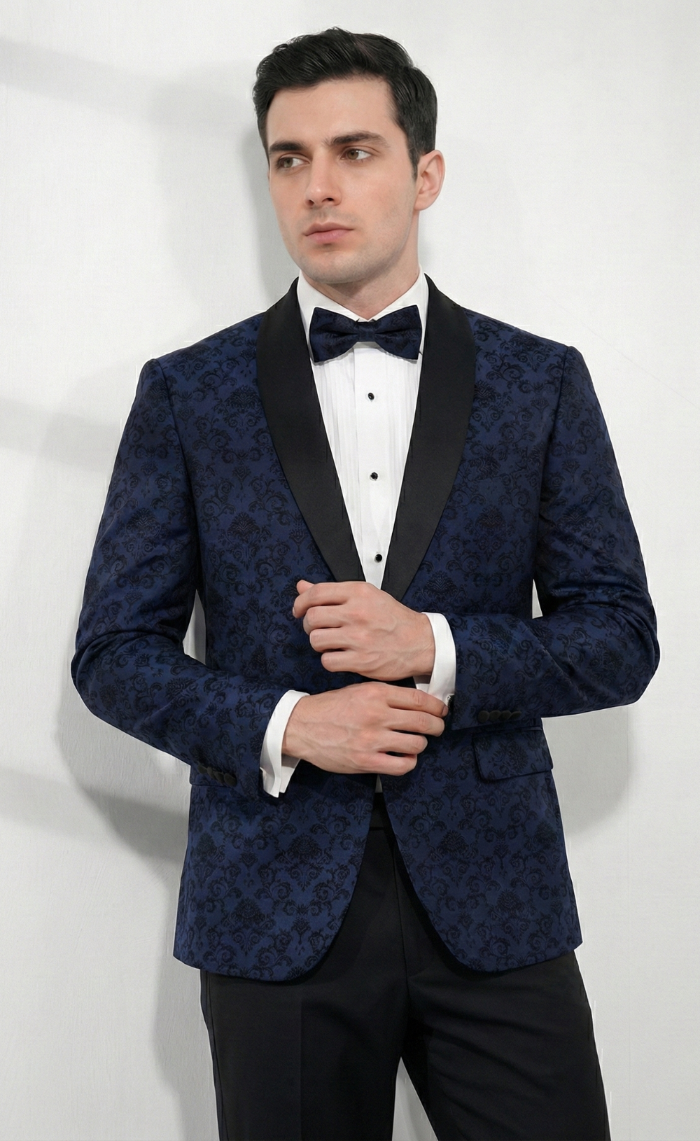 Navy Blue Jacquard Tuxedo Blazer Suit