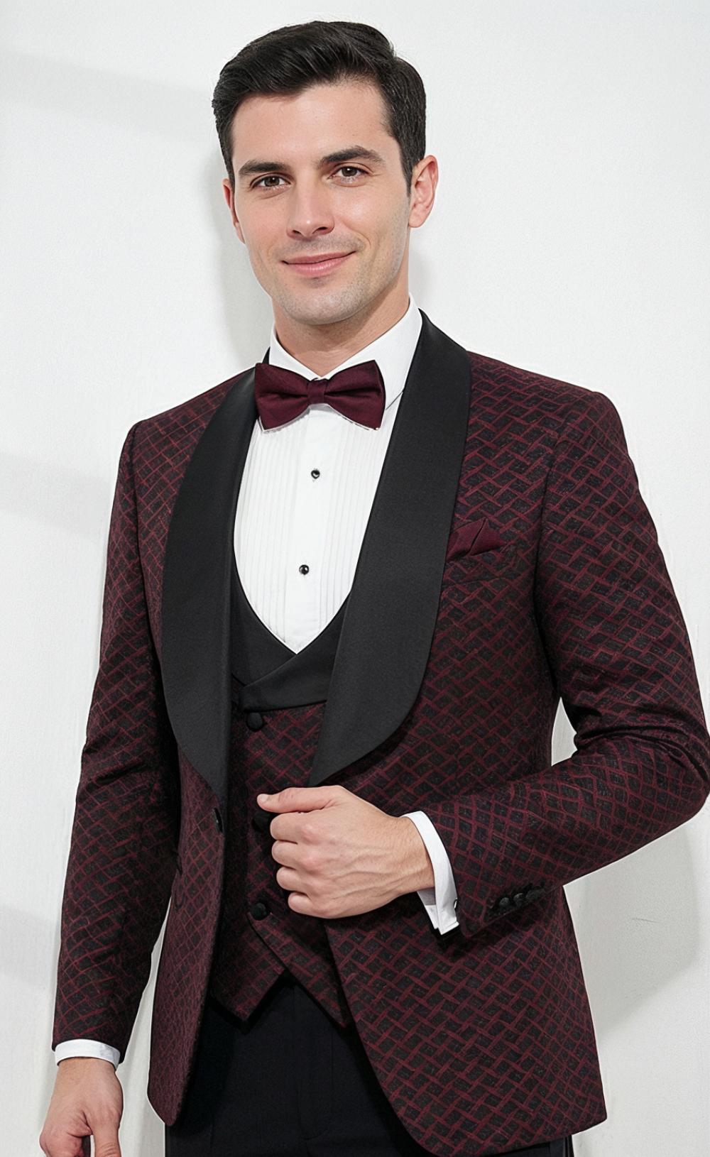 Burgundy Patterned Tuxedo Suit for Men