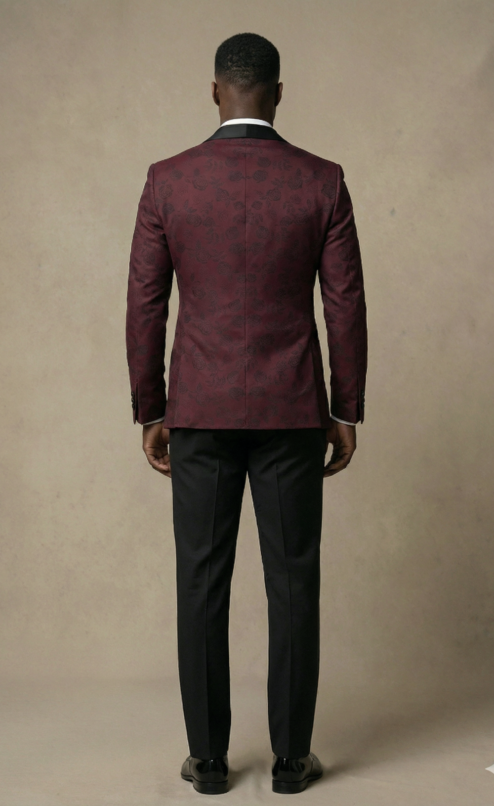 Burgundy Floral Tuxedo Suit Set with Black Shawl Lapel