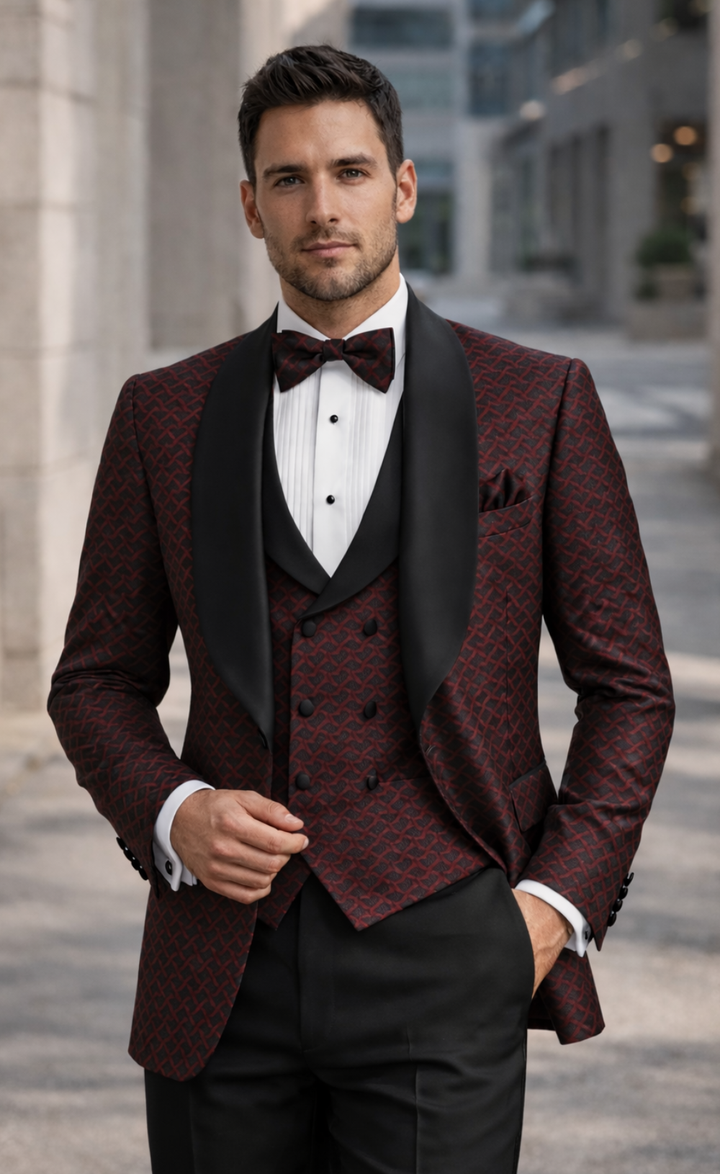 Burgundy Patterned Tuxedo Suit for Men