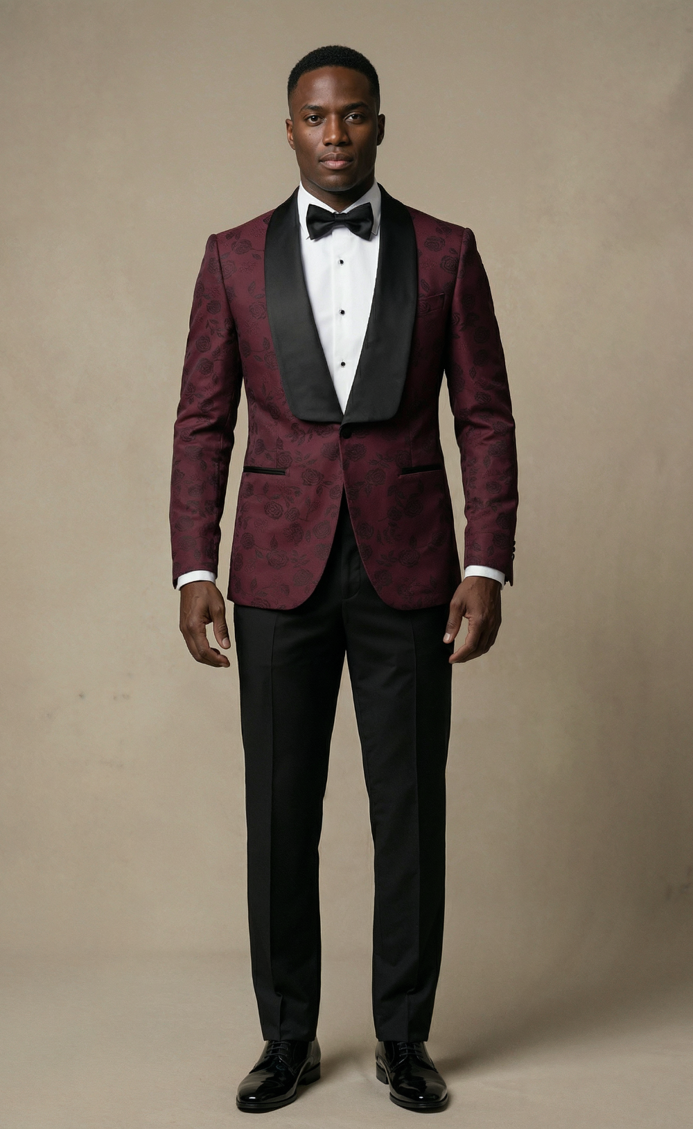 Burgundy Floral Tuxedo Suit Set with Black Shawl Lapel Burgundy Floral Tuxedo Suit Set with Black Shawl Lapel