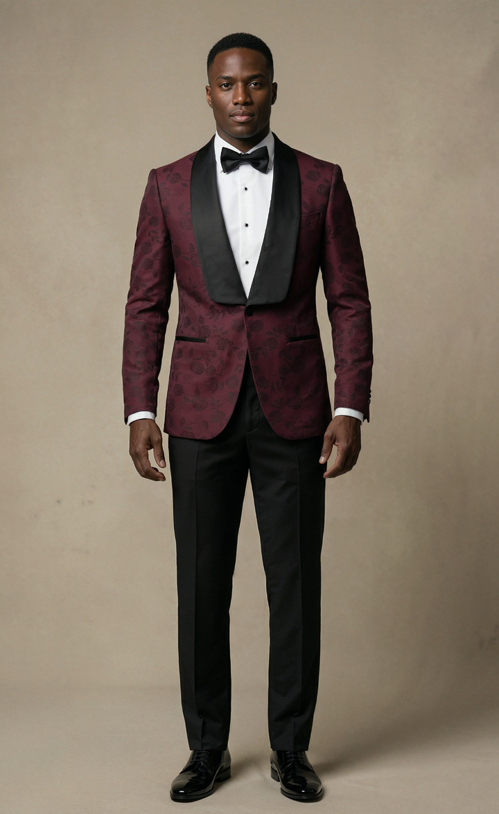 Burgundy Floral Tuxedo Suit Set with Black Shawl Lapel
