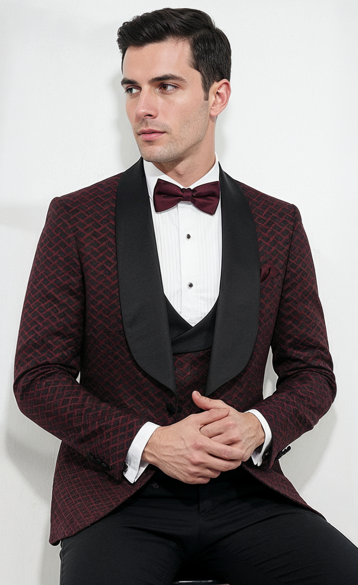Burgundy Patterned Tuxedo Suit for Men
