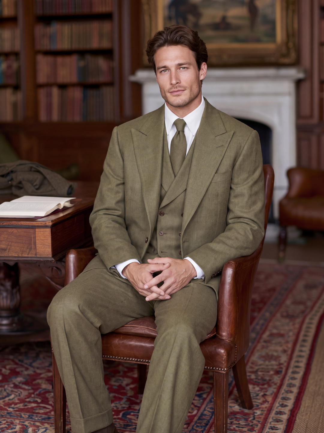 Olive Wool Three-Piece Suit