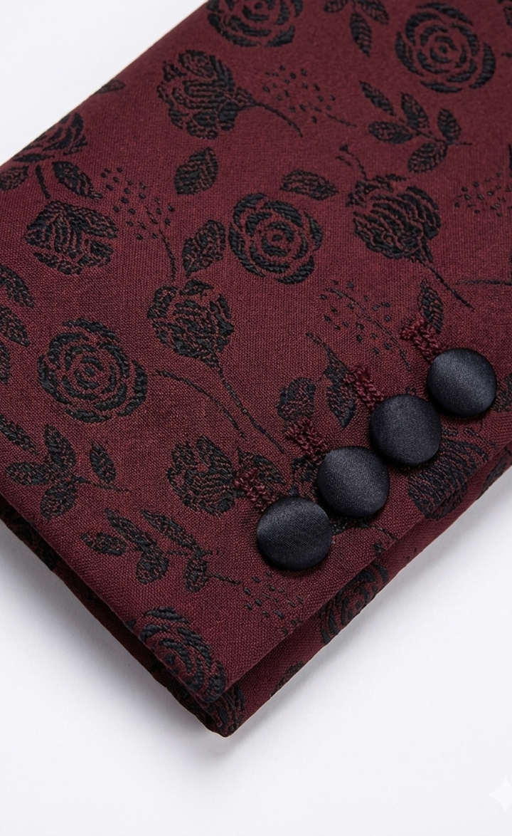 Burgundy Floral Tuxedo Suit Set with Black Shawl Lapel