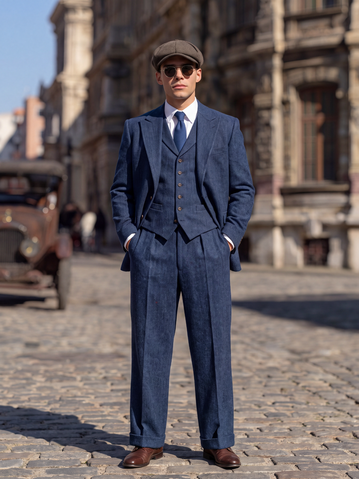 Midnight Navy Textured Wool Three-Piece Suit