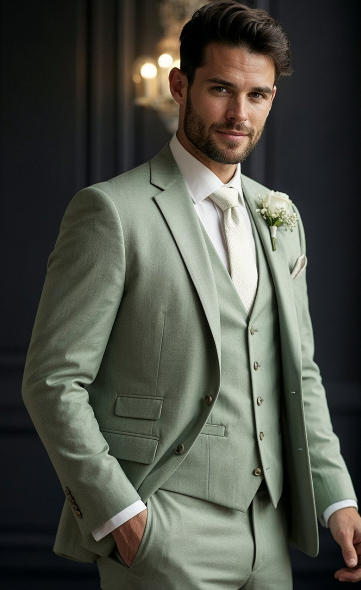 Elegant Sage Green Three-Piece Suit for Men
