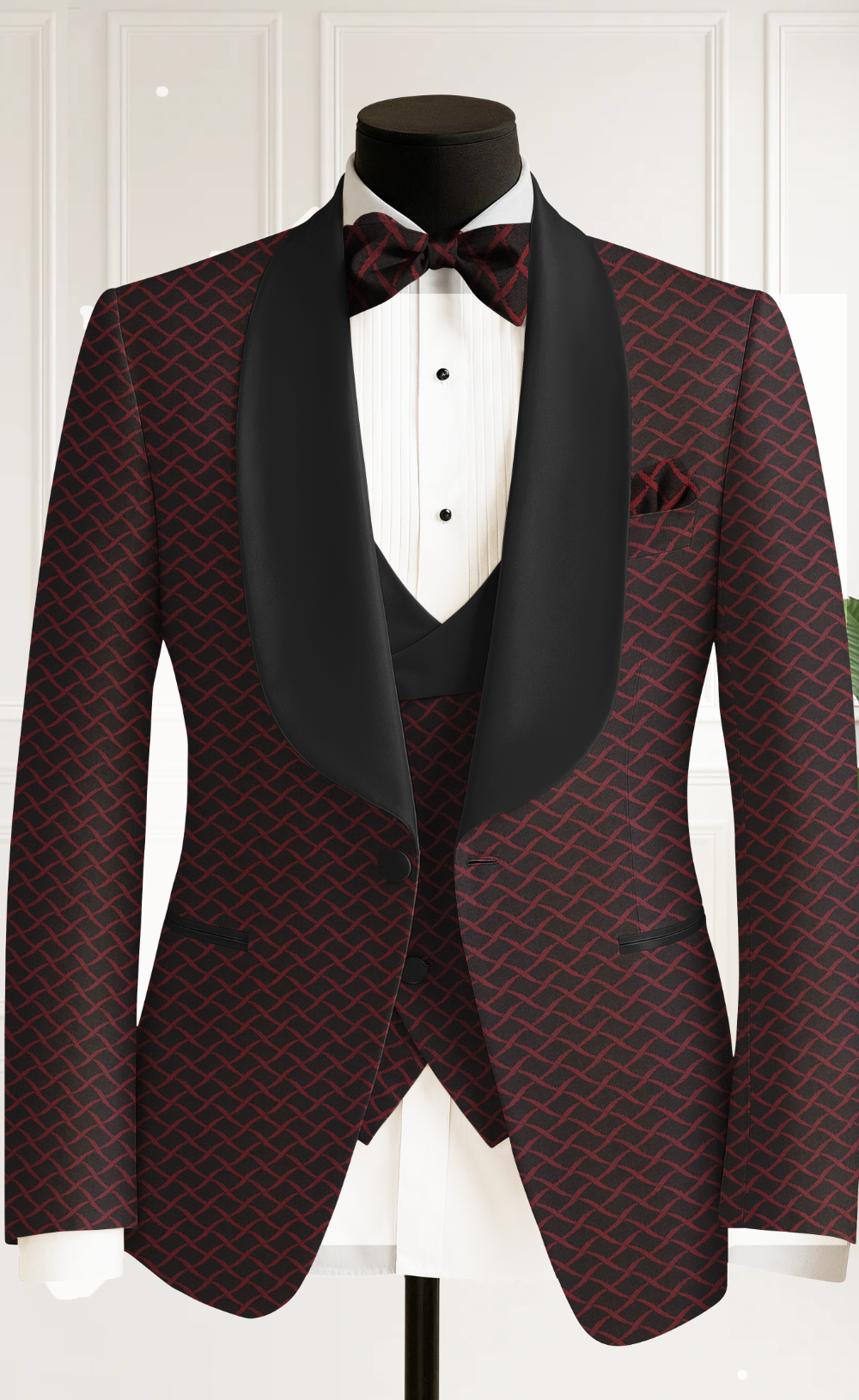 Burgundy Patterned Tuxedo Suit for Men