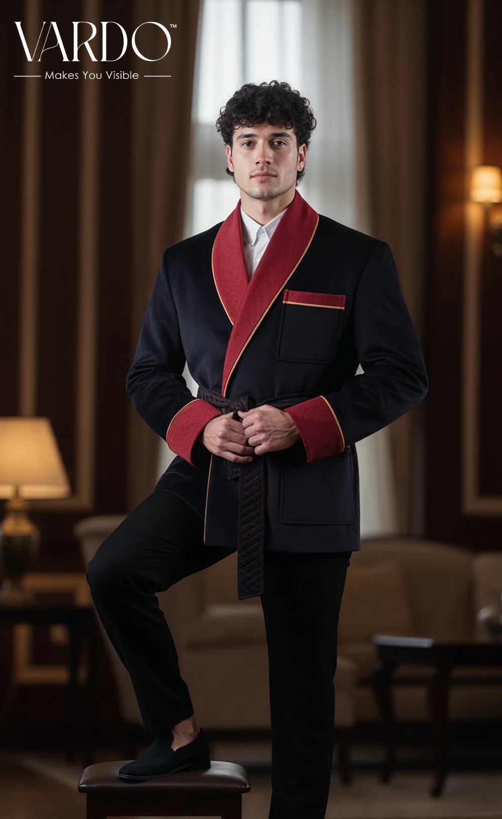 Classic Men's Black Velvet Smoking Jacket - Luxury Evening Wear, Forma VARDO Classic Men's Black Velvet Smoking Jacket - Luxury Evening Wear, Forma VARDO