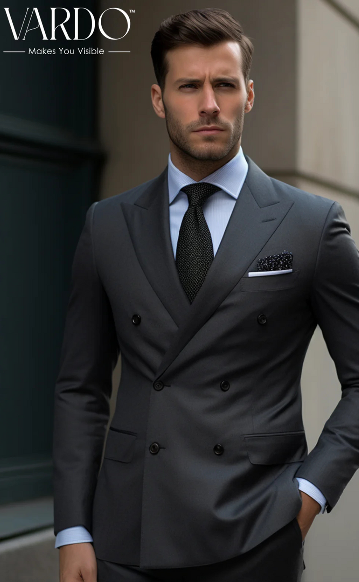 Elegant Dark Grey Double Breasted Suit for Men -Tailored Suit