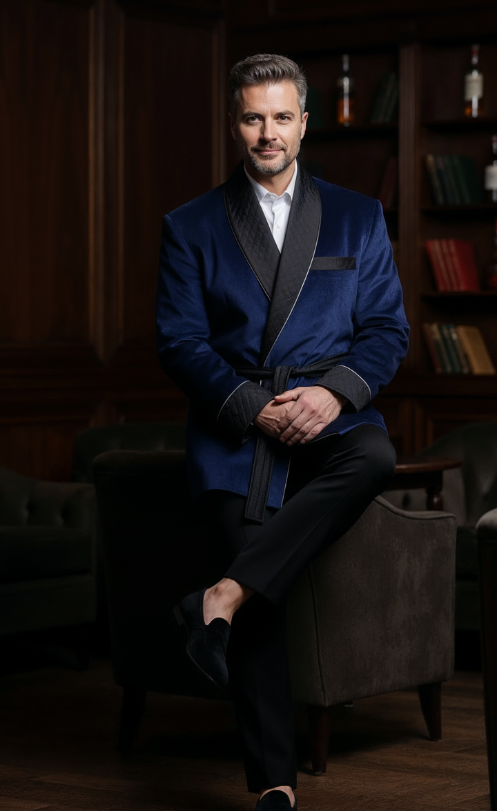 Men’s Navy Blue Velvet Smoking Jacket - Luxury Formal Wear, Elegant Dinner Blazer