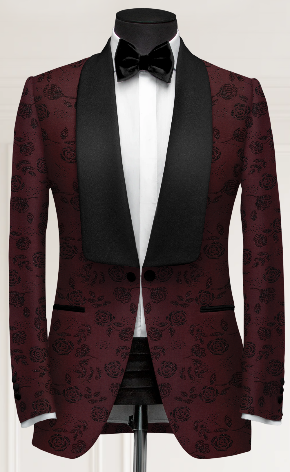 Burgundy Floral Tuxedo Suit Set with Black Shawl Lapel