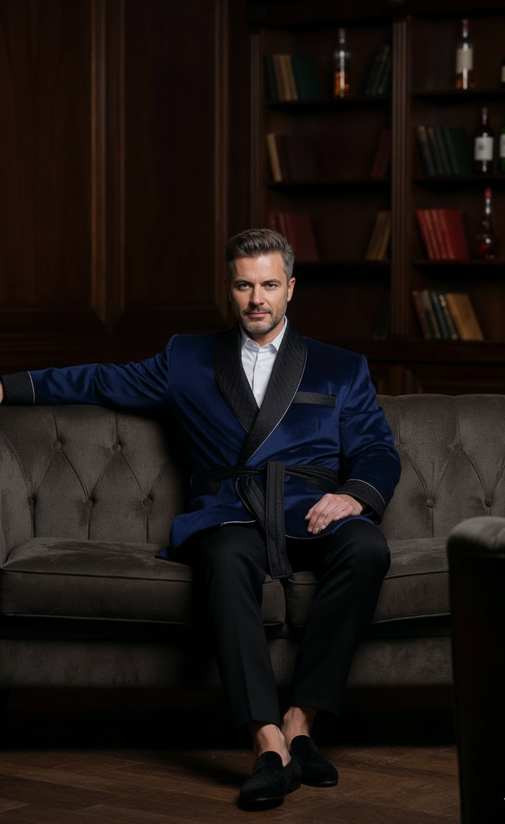 Men’s Navy Blue Velvet Smoking Jacket - Luxury Formal Wear, Elegant Dinner Blazer