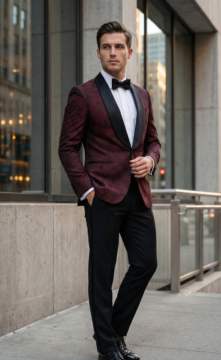 Burgundy Floral Tuxedo Suit Set with Black Shawl Lapel