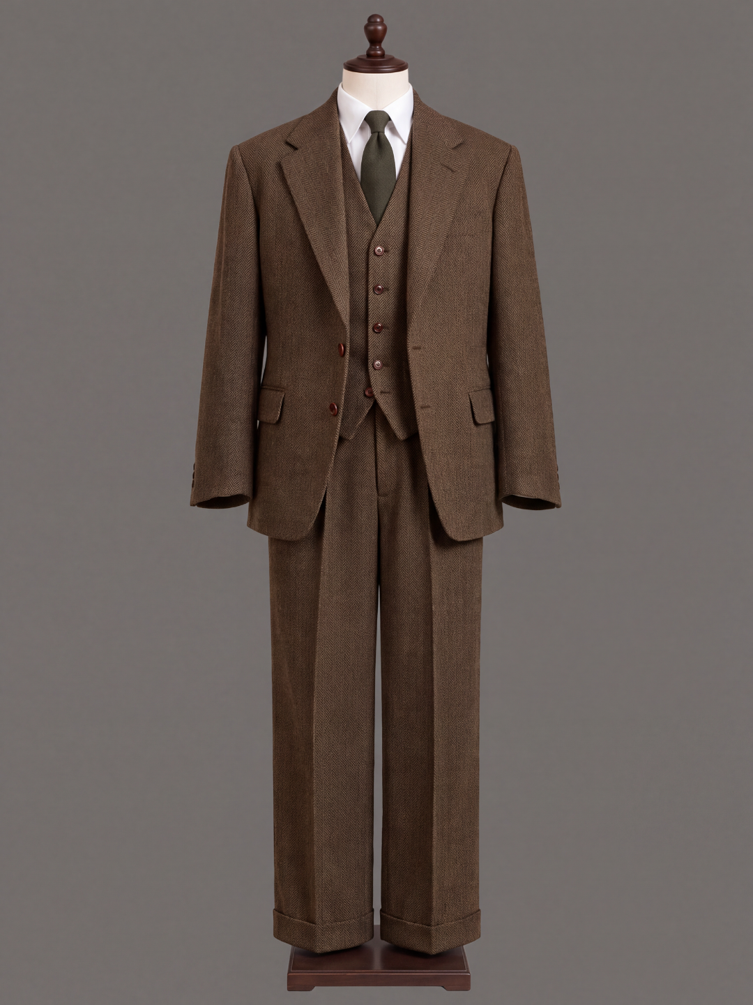 Mocha Brown Herringbone Wool Three-Piece Suit