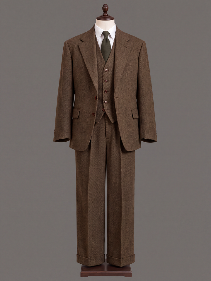 Mocha Brown Herringbone Wool Three-Piece Suit