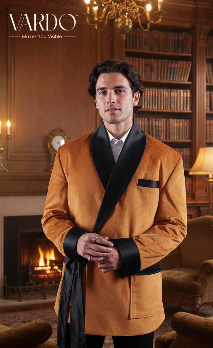Luxurious Men's Golden Velvet Smoking Jacket - Elegant Party Wear, Premium Velvet Dinner Jacket