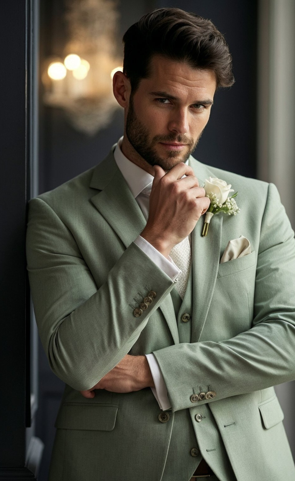Elegant Sage Green Three-Piece Suit for Men