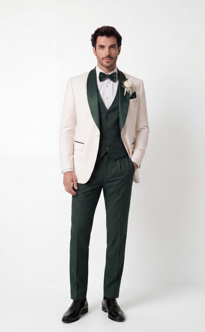 Ivory Tuxedo Jacket with Emerald Green Three-Piece Formal Suit