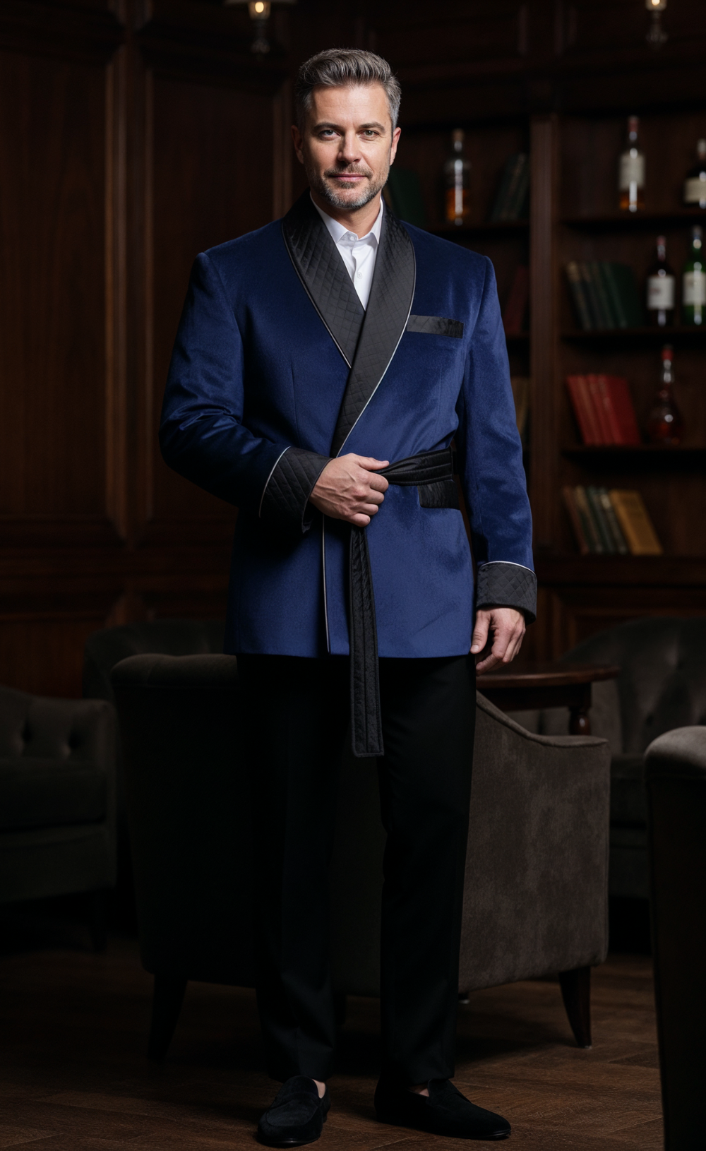 Men’s Navy Blue Velvet Smoking Jacket - Luxury Formal Wear, Elegant Dinner Blazer