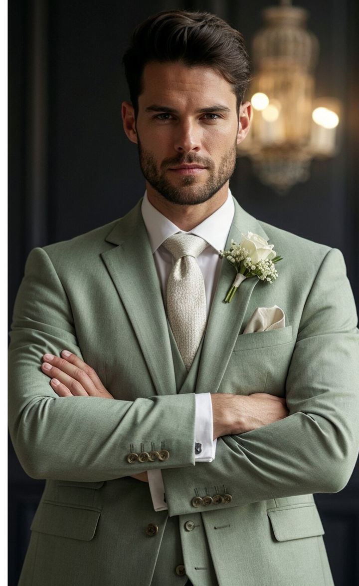 Elegant Sage Green Three-Piece Suit for Men
