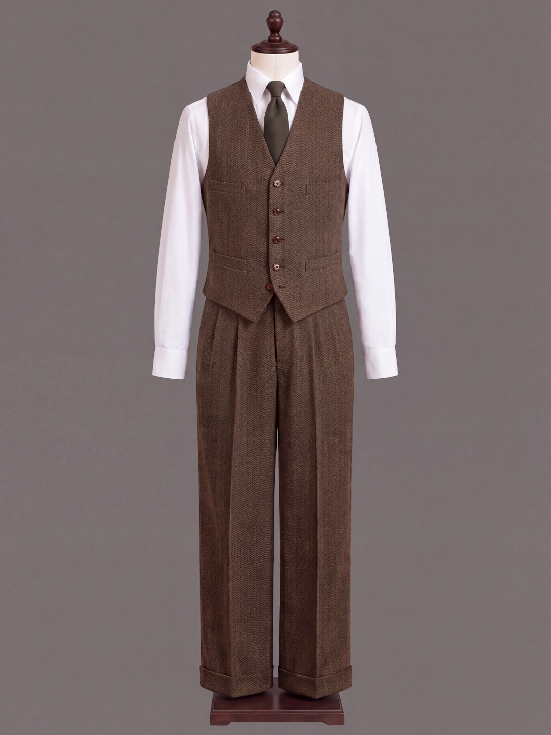 Mocha Brown Herringbone Wool Three-Piece Suit