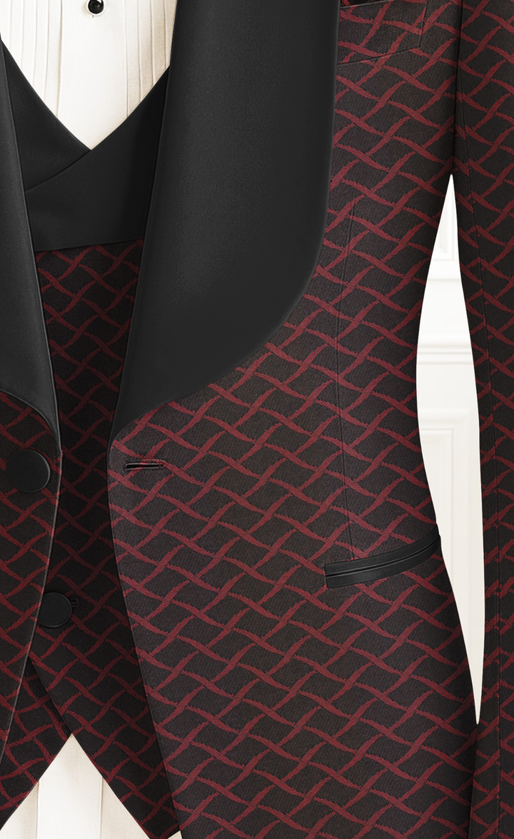 Burgundy Patterned Tuxedo Suit for Men