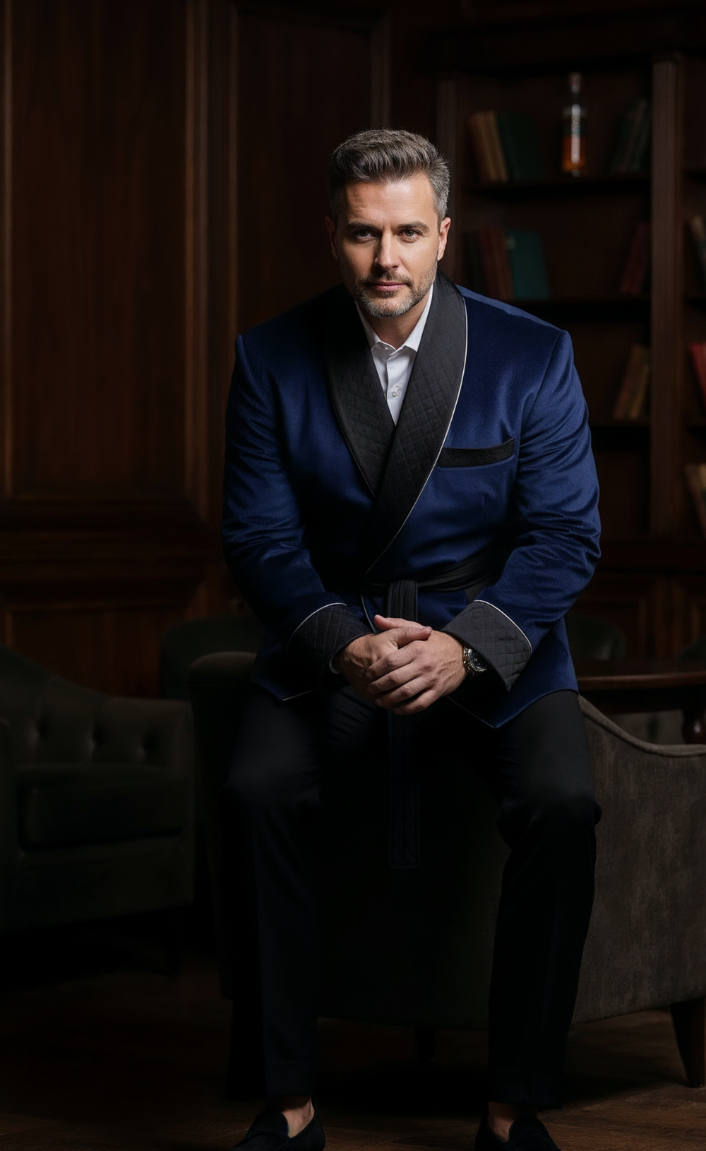 Men’s Navy Blue Velvet Smoking Jacket - Luxury Formal Wear, Elegant Dinner Blazer